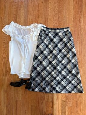 Wool Black & White Plaid A-Line Midi Skirt
